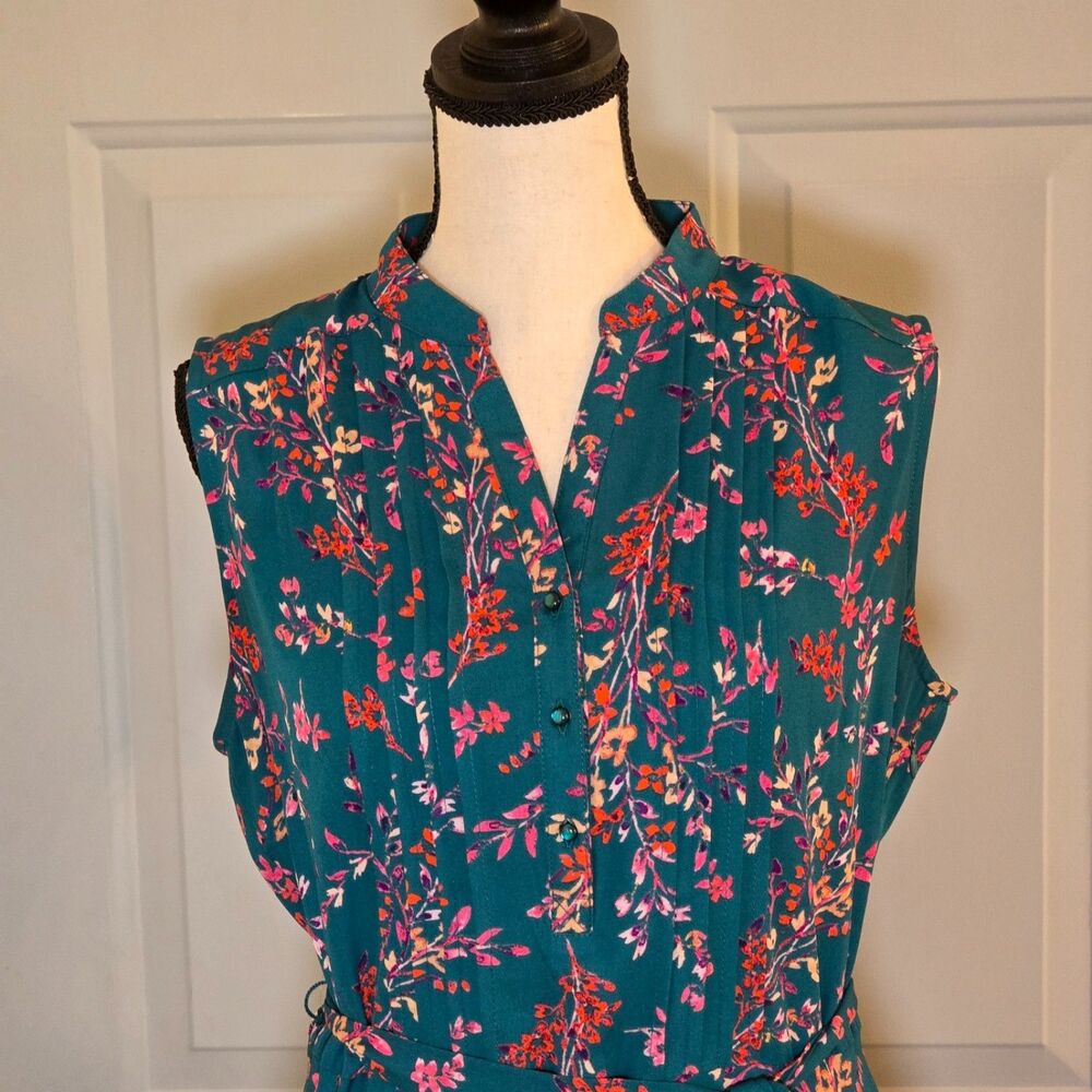 Nanette Lepore Teal Floral Sleeveless Pintuck Button Up A Line Dress Size 6 - Picture 6 of 13